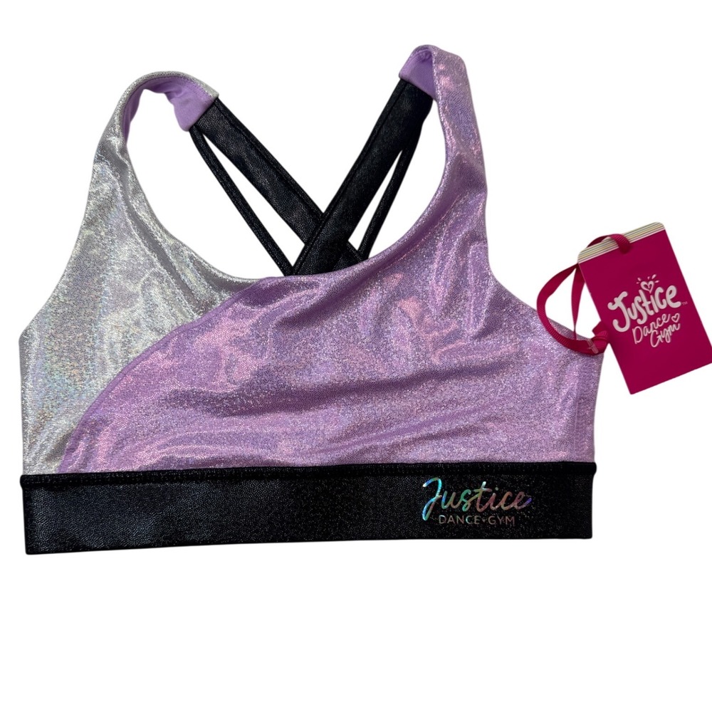 Justice Girls Iridescent Colorblock Sports Bra Purple Silver Dance Gym Size M 10